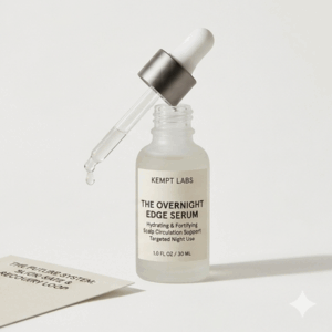A frosted glass dropper bottle of KEMPT Labs The Overnight Edge Serum surrounded by natural soft lighting.
