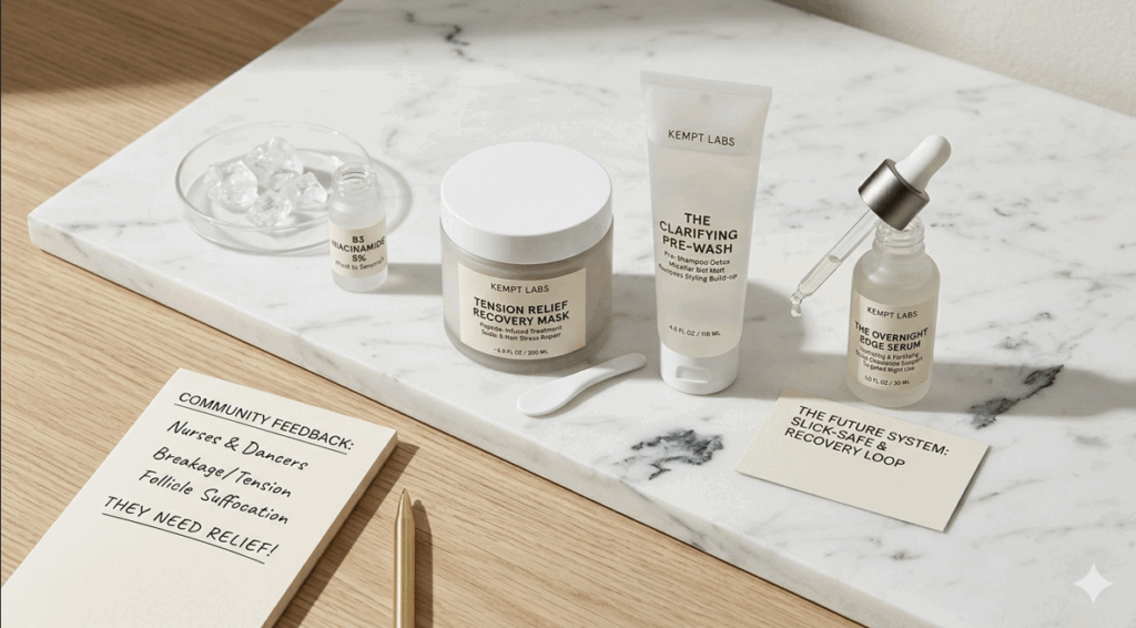 A minimalist flat lay of KEMPT Labs haircare products, raw ingredients, and community feedback notes on a marble background.